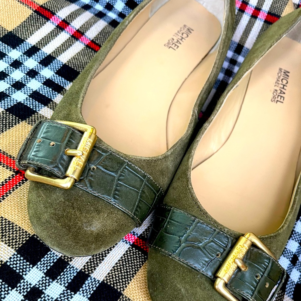 Michael Kors Suede flats with gold MK engraved buckle